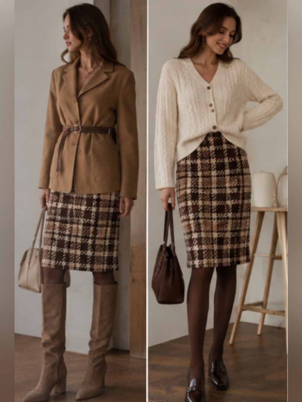 FINITY STUDIO Wool Brown Plaid Pencil Skirt - Classic Size 8